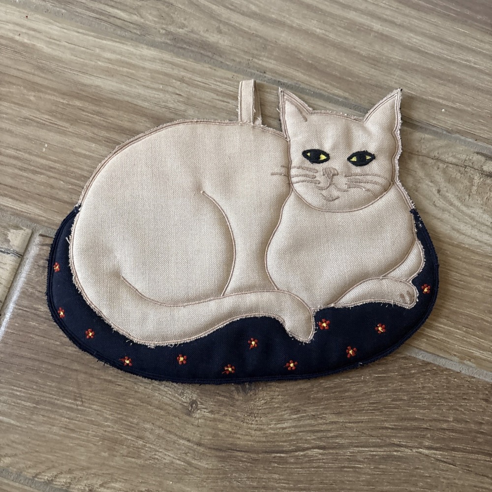 Vtg 1980's Cat Pot Holder WC Imports Gray Blue Kitschy Feline Kitchen